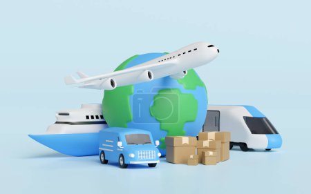 Worldwide shipping concept with  globe, airplane, van, boat, goods box isolated on blue background. 3d render illustration