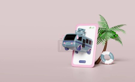 Téléchargez les photos : Bus touristique 3d avec téléphone portable, smartphone, bagages, palmiers, bouée de sauvetage isolée. concept de voyage d'été, illustration de rendu 3d - en image libre de droit