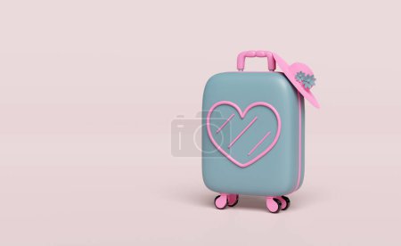 3D-Koffer mit herzförmigem Muster, Hut isoliert auf rosa Hintergrund. Sommerreisekonzept, 3D-Darstellung