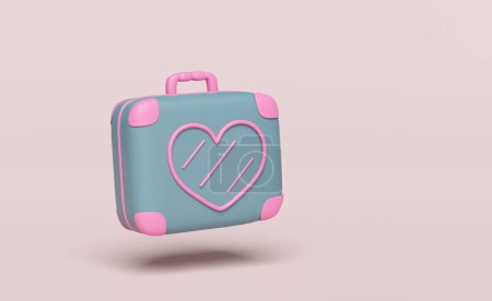 3D-Schließkoffer mit herzförmigem Muster isoliert auf rosa Hintergrund. Sommerreisekonzept, 3D-Darstellung
