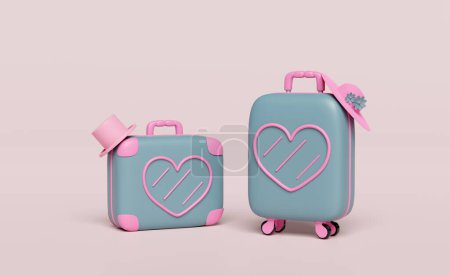 Photo for 3d close suitcase with heart shaped pattern, hat isolated on pink background. summer travel concept, 3d render illustration - Royalty Free Image