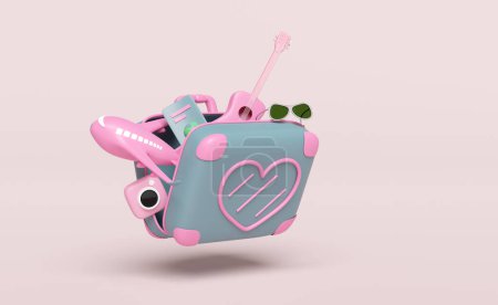 summer travel with open suitcase, heart shaped pattern, sunglasses, camera, guitar, passport or international travel for tourism, airplane isolated on pink background. concept 3d illustration render