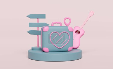 Photo for 3d close suitcase with heart shaped pattern, podium, road signs, pin, guitar isolated on pink background. summer travel concept, 3d render illustration - Royalty Free Image