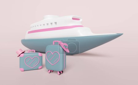 Maleta de cierre 3d con patrón en forma de corazón, sombrero, crucero aislado sobre fondo rosa. concepto de viaje de verano, ilustración de renderizado 3d