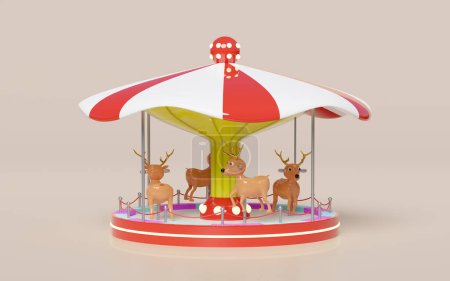 Karussell oder Karussell mit Hirschen auf rosa Hintergrund. 3D-Darstellung