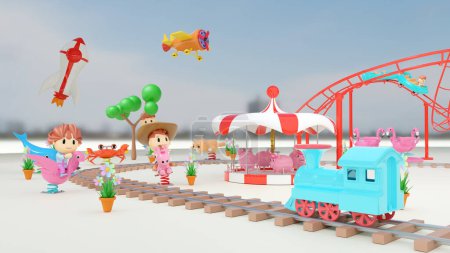 3d amusement park with steam locomotive, railroad tracks, roller coaster, unicorn spring rider, carousel, merry go round. 3d render illustration