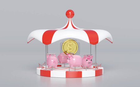 Karussell oder Karussell fahren mit Sparschwein, Münze isoliert. 3D-Darstellung