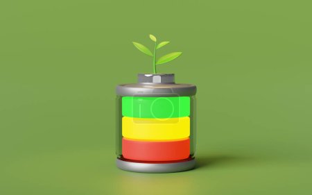 alkaline battery charge indicator with tree isolated on green background. charging battery technology concept, 3d illustration render
