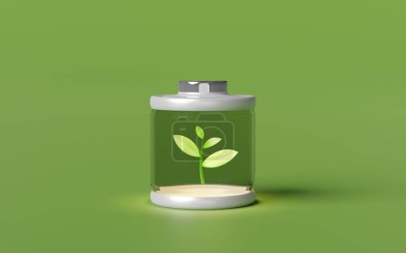 Alkaline Batterieladeanzeige mit Baum auf grünem Hintergrund. Ladeakku-Technologie-Konzept, 3D-Abbildung Render