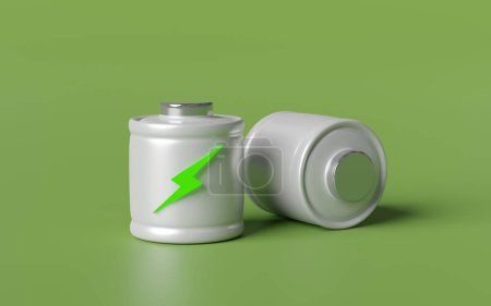 Alkaline Batterieladeanzeige mit Donner isoliert auf grünem Hintergrund. Ladeakku-Technologie-Konzept, 3D-Abbildung Render