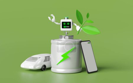 indicador de carga de batería alcalina con smartphone, coche eléctrico, robot, árbol, trueno aislado sobre fondo verde. carga de concepto de tecnología de batería, ilustración 3d renderizar