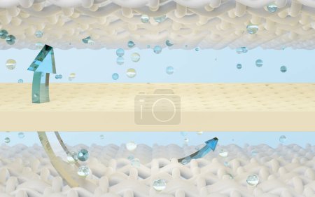 Foto de Layered sheet material mattress with ventilate shows, bubbles, arrows isolated on blue background. fabric fiber, natural latex, soft and breathable material concept. 3d render illustration - Imagen libre de derechos