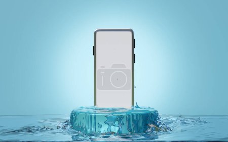 Podium and smartphone rising from the water, Mobile smart phone waterproof. 3d render illustration