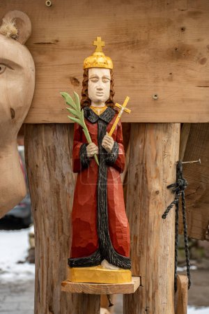 Photo for Vilnius, Lithuania - March 4 2023: Beautiful wooden handmade statue of Saint Casimir's, in Kaziuko Muge, a spring annual folk arts and crafts fair in Vilnius, Lithuania, Europe, vertical - Royalty Free Image