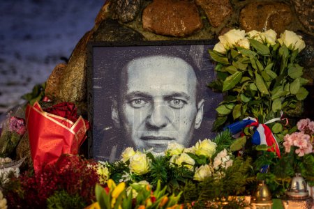 Foto de Vilna, Lituania - 20 de febrero de 2024: Flores y velas colocadas en el memorial espontáneo de Vilna para el líder de la oposición rusa Alexei Navalny, con retrato mojado de la nieve y las gotas de lluvia - Imagen libre de derechos