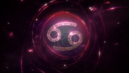 Photo for Cancer zodiac sign as golden ornament and rings on purple violet galaxy background. 3D Illustration concept of mystic astrology symbol, social media horoscope calendar banner artwork and copy space. - Royalty Free Image