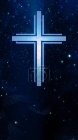 Téléchargez les photos : Croix chrétienne futuriste en boucle cyberespace verticale bleue éthérée. Concept animation 3D du crucifix scifi catholique romain comme signe religieux d'une spiritualité moderne et la foi dans le monde numérique - en image libre de droit