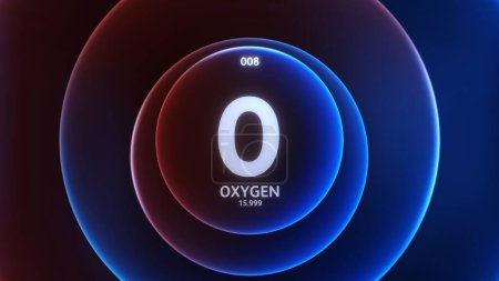 Oxígeno como elemento 8 de la tabla periódica. Ilustración conceptual sobre anillos abstractos de gradiente azul rojo fondo de bucle sin costuras. Diseño de títulos para contenido científico y exhibición de escaparates de infografía.