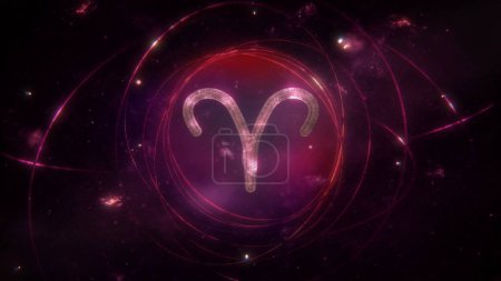 Téléchargez les photos : Bélier signe du zodiaque comme ornement doré et anneaux sur fond de galaxie violet violet. Concept d'illustration 3D du symbole d'astrologie mystique, illustration de bannière de calendrier d'horoscope de médias sociaux et espace de copie. - en image libre de droit