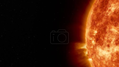 Téléchargez les photos : Le soleil de la Terre dans l'espace. Concept artistique Illustration 3D en plan rapproché de la surface solaire avec de puissantes éruptions de fusées éclairantes et des protubérances étoilées éclatant avec des tempêtes magnétiques et des éclairs de plasma. - en image libre de droit