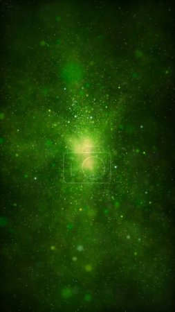 Photo for Abstract ambient flyer background of swirling luminous green particles. Vertical concept 3D illustration wallpaper backdrop. Magic psychedelic shimmering sparkle dust showcase and copy space backplate - Royalty Free Image