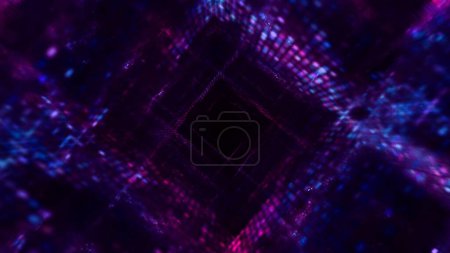 Foto de Túnel de cubos de neón ultravioleta azul púrpura futurista. Abstracto 3d ilustración color degradado luces tubo telón de fondo. Página de aterrizaje de diseño de tecnología blockchain Cyberpunk y fondo del escaparate del producto. - Imagen libre de derechos