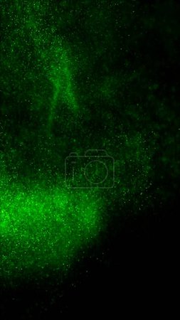 Photo for Abstract ambient flyer background of swirling luminous green particles. Vertical concept 3D illustration wallpaper backdrop. Magic psychedelic shimmering sparkle dust showcase and copy space backplate - Royalty Free Image