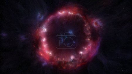 Foto de Impresión artística de una estrella enana blanca en una nebulosa circular de nube roja. Concepto ciencia y ficción Ilustración 3D que representa nubes de gas interestelar y explosión de supernova congeladas en el espacio y el tiempo - Imagen libre de derechos