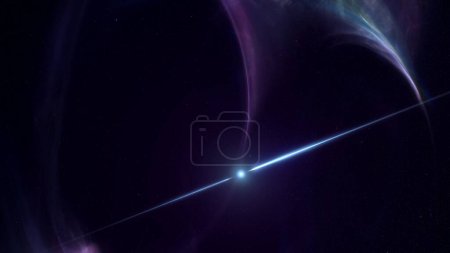 Téléchargez les photos : Concept de pulsar filant dans la nébuleuse spatiale émettant des rayons gamma de haute énergie. Illustration 3D représentant des éruptions de rayonnement clignotant d'un noyau d'étoile magnétar ou neutronique dans un gaz interstellaire dans le cosmos. - en image libre de droit
