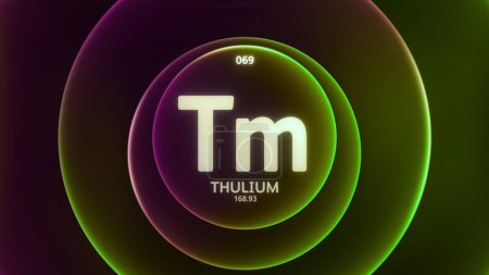 Photo for Thulium as Element 69 of the Periodic Table. Concept illustration on abstract green purple gradient rings seamless loop background. Title design for science content and infographic showcase display. - Royalty Free Image
