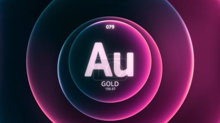 Gold as Element 79 of the Periodic Table. Concept illustration on abstract blue purple gradient rings seamless loop background. Title design for science content and infographic showcase display.