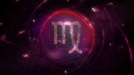 Photo for Virgo zodiac sign as golden ornament and rings on purple violet galaxy background. 3D Illustration concept of mystic astrology symbol, social media horoscope calendar banner artwork and copy space. - Royalty Free Image