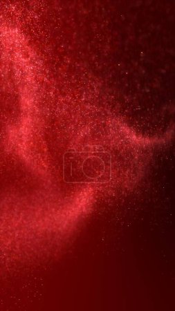 Téléchargez les photos : Abstrait ambiant tourbillonnant lumineux rouge particules flyer fond. Concept vertical Fond d'écran illustration 3D. Vitrine de poussière scintillante psychédélique magique scintillante et plaque arrière d'espace de copie - en image libre de droit