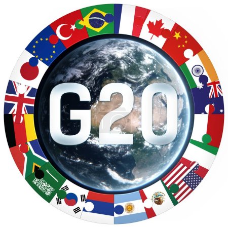 Téléchargez les photos : "G20" -Group of Twenty text with member nation flags and globe icon. Isolated 3d Illustration logo of country puzzle piece ring around the world. Symbol of togetherness and international collaboration - en image libre de droit