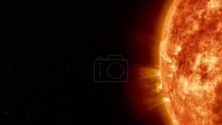 Téléchargez les photos : Le soleil de la Terre dans l'espace. Concept artistique Illustration 3D en plan rapproché de la surface solaire avec de puissantes éruptions de fusées éclairantes et des protubérances étoilées éclatant avec des tempêtes magnétiques et des éclairs de plasma. - en image libre de droit