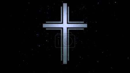 Photo for Futuristic Christian cross in ethereal sparkling silver black cyberspace. Concept 3d illustration crucifix. Religious sign for grief and funeral in a modern interpretation of spirituality and faith - Royalty Free Image