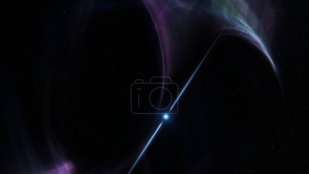 Foto de Concepto de púlsar giratorio en nebulosa espacial que emite ráfagas de rayos gamma de alta energía. Ilustración 3D que representa destellos de radiación parpadeante de un núcleo de estrella de magnetar o neutrones en gas interestelar en el cosmos. - Imagen libre de derechos