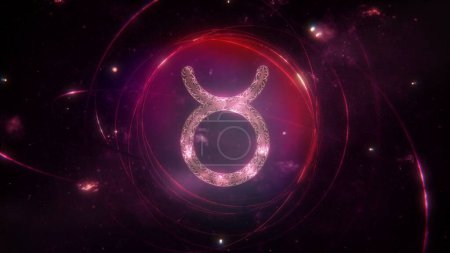 Foto de Signo zodiacal de Tauro como ornamento dorado y anillos sobre fondo de galaxia violeta púrpura. Ilustración 3D concepto de símbolo de astrología mística, horóscopo de medios sociales calendario banner ilustraciones y espacio de copia. - Imagen libre de derechos