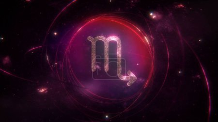 Photo for Scorpio zodiac sign as golden ornament and rings on purple violet galaxy background. 3D Illustration concept of mystic astrology symbol, social media horoscope calendar banner artwork and copy space. - Royalty Free Image