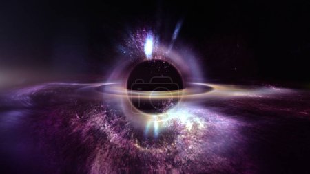 Agujero Negro interestelar artístico supermasivo en el espacio exterior. Concepto de astronomía Ilustración 3D. Orbitando partículas misteriosas y disco de acreción de agujeros de gusano distorsionando el horizonte de eventos del tiempo y la gravedad.