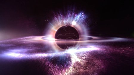 Téléchargez les photos : Trou noir supermassif interstellaire artistique dans l'espace. Concept d'astronomie illustration 3D. Particules mystérieuses en orbite et disque d'accrétion de vortex déformant l'horizon d'événements du temps et de la gravité. - en image libre de droit