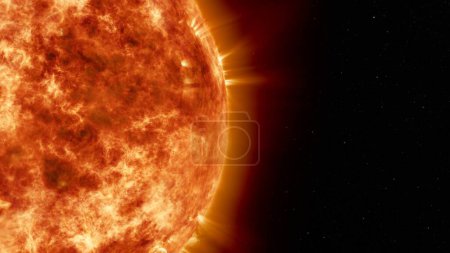Photo for Earth's sun in deep space. Artistic concept 3D illustration as close shot of the solar surface with powerful bursting flares and star protuberances erupting with magnetic storms and plasma flashes. - Royalty Free Image