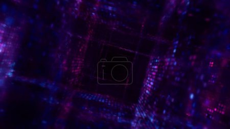 Photo for Futuristic purple blue ultraviolet neon cubes tunnel. Abstract 3d illustration color gradient lights tube backdrop. Cyberpunk blockchain technology design landing page and product showcase background. - Royalty Free Image