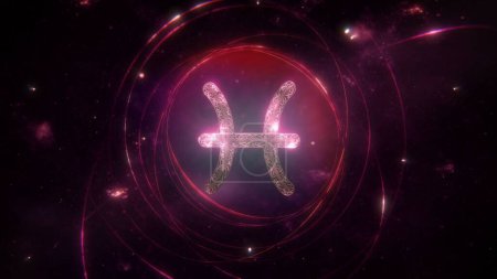 Photo for Pisces zodiac sign as golden ornament and rings on purple violet galaxy background. 3D Illustration concept of mystic astrology symbol, social media horoscope calendar banner artwork and copy space. - Royalty Free Image