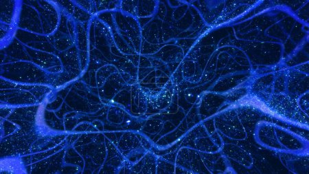 Téléchargez les photos : Résumé réseau neuronal bleu noyau de cellules nerveuses Contexte. Illustration 3D en toile de fond avec des particules brillantes de paillettes magiques. Science du système nerveux, intelligence artificielle et multivers futuristes. - en image libre de droit