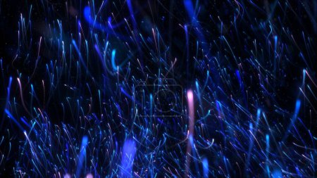Téléchargez les photos : Un essaim violet bleu de rayures lumineuses de particules montantes. Cyberespace surréaliste et concept énergétique de l'intelligence artificielle et de la texture dynamique de la science du plasma. Illustration 3D fond d'écran. - en image libre de droit