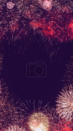 Photo for Festive golden purple fireworks on black background. Abstract vertical concept 3D illustration as New Year's Eve, 4th of July, Chinese New Year celebration and Independence Day social media backplate. - Royalty Free Image