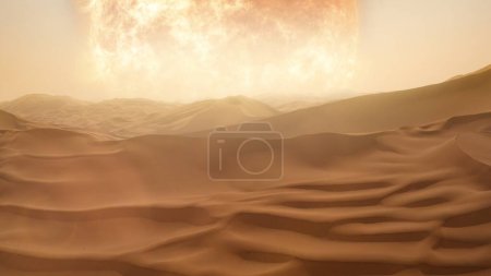 Sun over desert sand dune planet surface with extreme hostile arid heat. Concept 3D illustration of Earth facing extinction by a red giant solar supernova. Fictional burnt dry hot drought alien world.