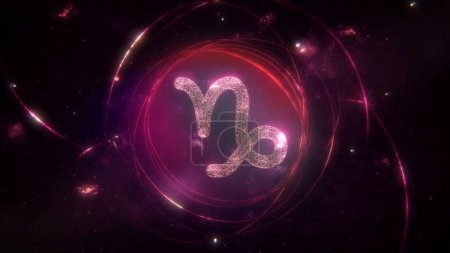 Photo for Capricorn zodiac sign as golden ornament and rings on purple violet galaxy background. 3D Illustration concept of mystic astrology symbol, social media horoscope calendar banner artwork and copy space - Royalty Free Image