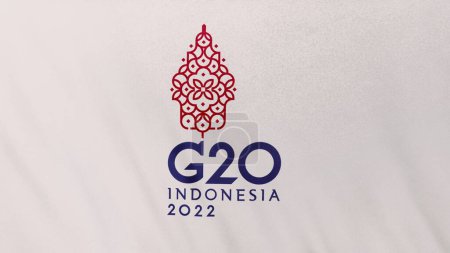 Téléchargez les photos : Drapeau blanc du Sommet du G20 Indonésie 2022 logo. Concept Illustration 3D de la conception de bannière arrière-plan plein cadre avec espace de copie. Titre vitrine graphique toile de fond pour les informations de streaming web et vidéo. - en image libre de droit